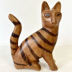 Wooden Hand Carved‎ Sitting Cat Stripped With Curled Tail Rustic Brown